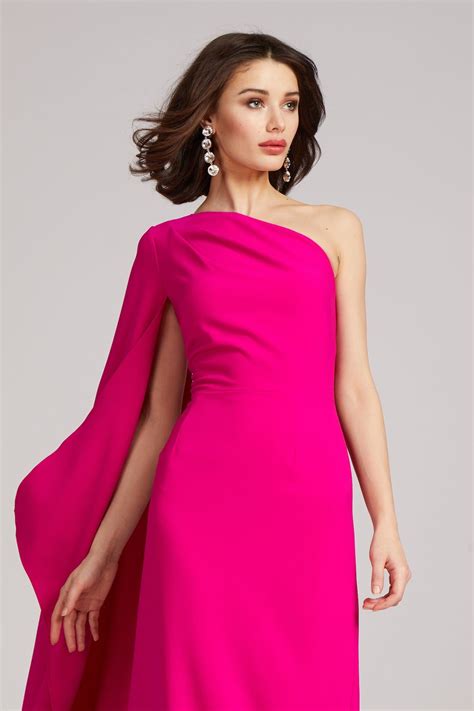 Stretch Crepe Cape One Shoulder Sleeve Gown